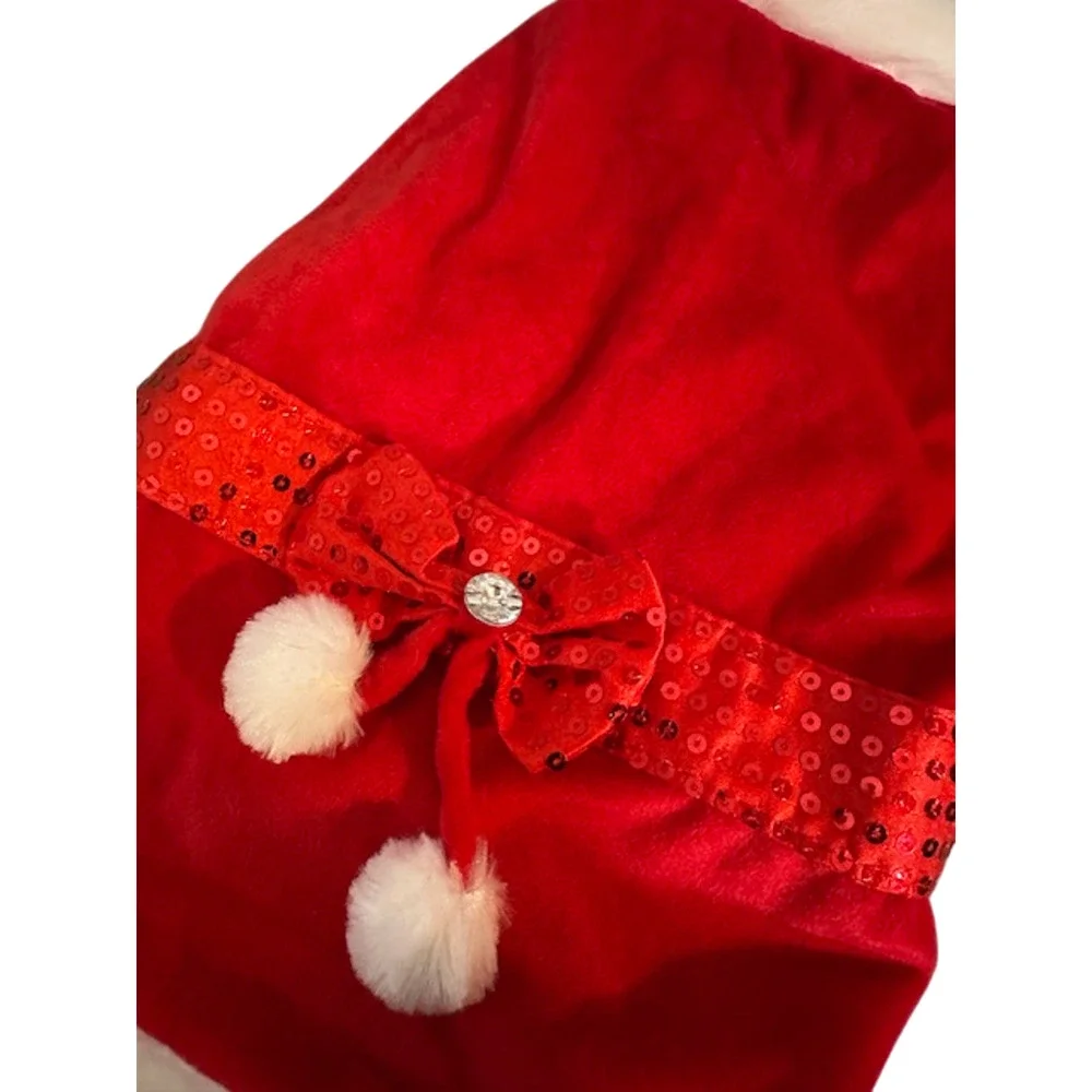 Mrs. Claus Santa Outfit Red White Fur Sequin Bow Small Dog Costume Sz L